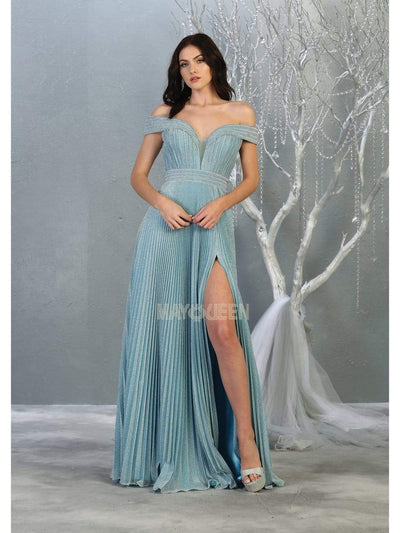 May Queen - RQ7876 Off-Shoulder Pleated A-Line Dress Evening Dresses 4 / Dusty-Blue