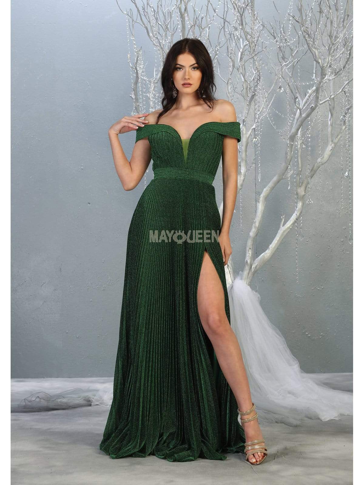 May Queen - RQ7876 Off-Shoulder Pleated A-Line Dress Evening Dresses 4 / Hunter-Grn