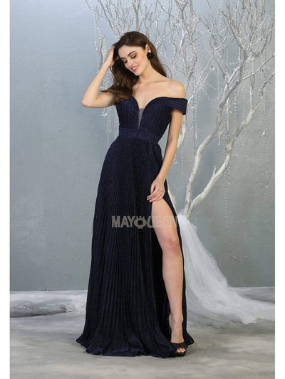 May Queen - RQ7876 Off-Shoulder Pleated A-Line Dress Evening Dresses 4 / Navy