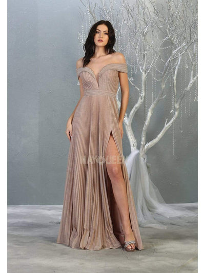 May Queen - RQ7876 Off-Shoulder Pleated A-Line Dress Evening Dresses 4 / Rosegold