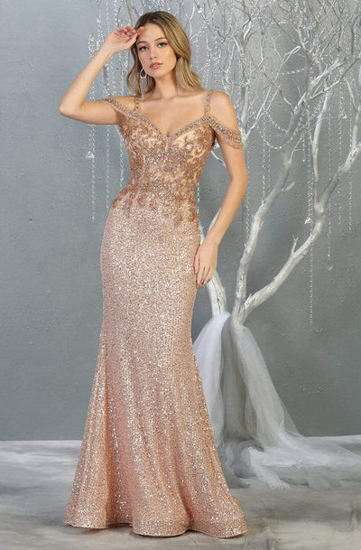 May Queen - RQ7877 Embellished V-neck Trumpet Dress Evening Dresses