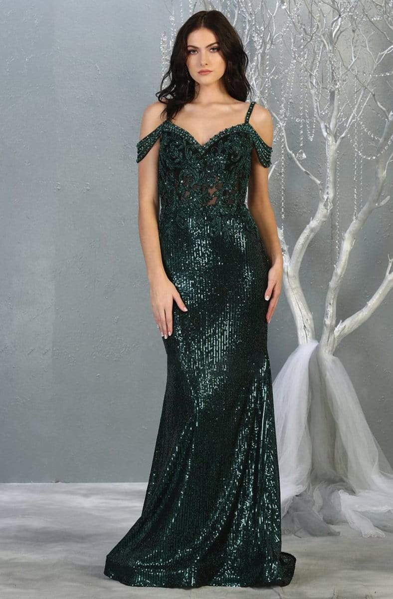 May Queen - RQ7877 Embellished V-neck Trumpet Dress Evening Dresses 4 / Hunter-Grn