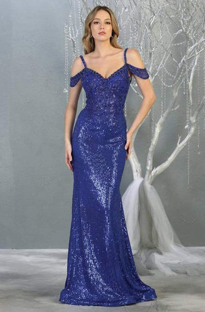May Queen - RQ7877 Embellished V-neck Trumpet Dress Evening Dresses 4 / Royal