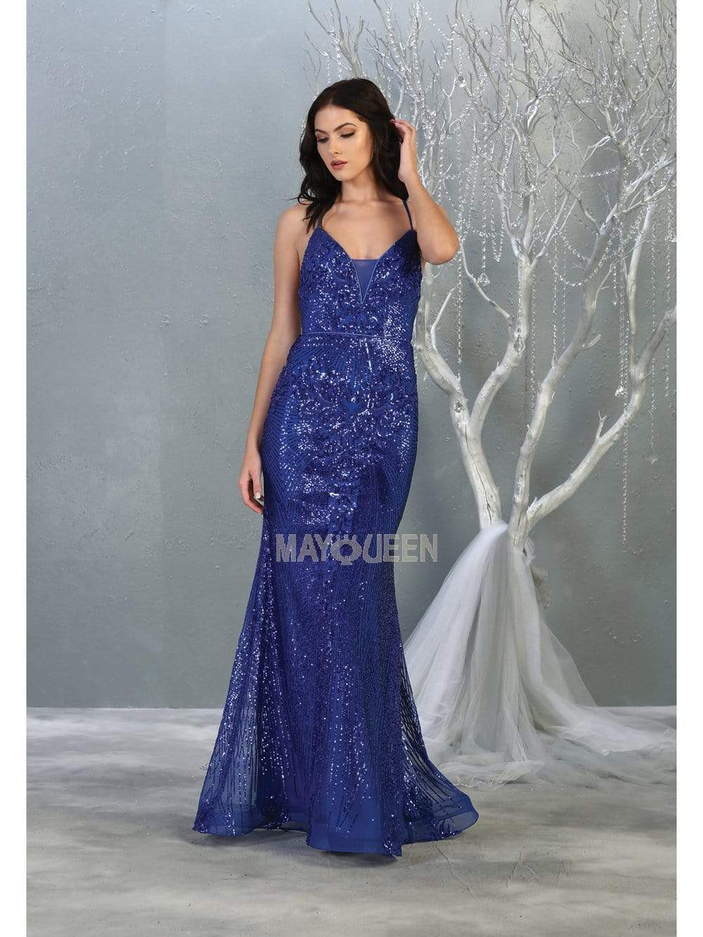 May Queen - RQ7878 Strappy Sequined Trumpet Dress Evening Dresses 2 / Royal