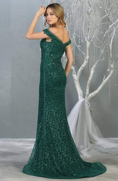 May Queen - RQ7879 Embellished Off-Shoulder Trumpet Dress With Train Evening Dresses