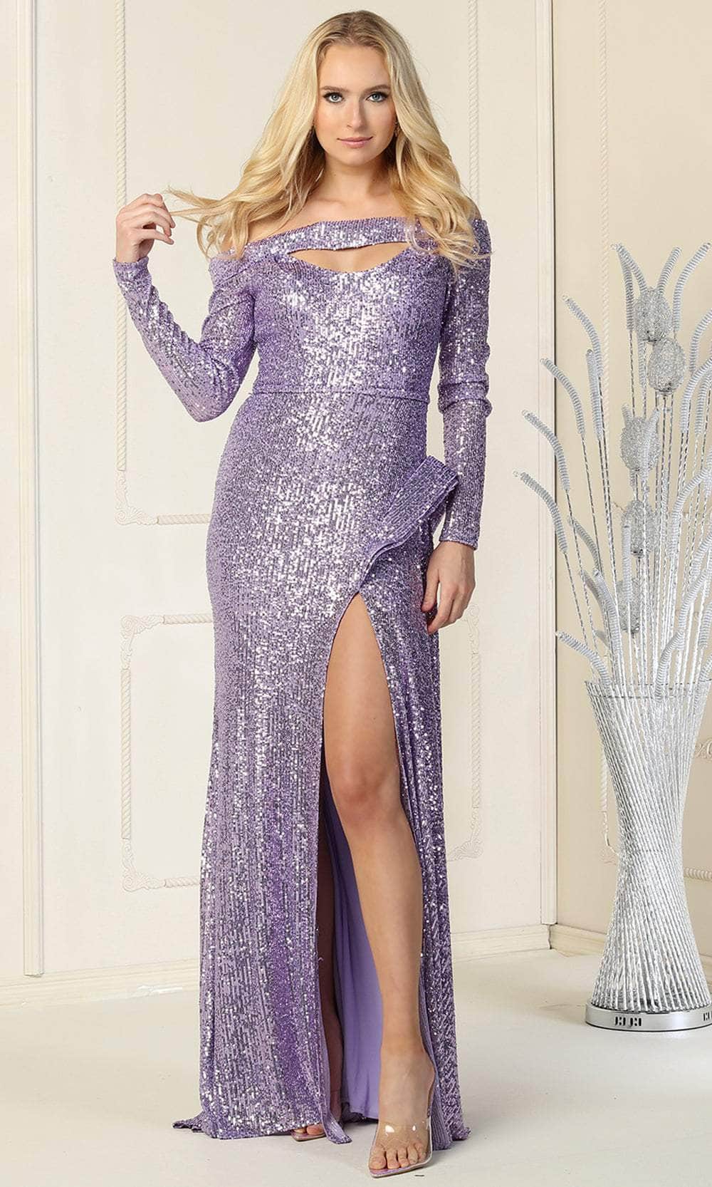 May Queen RQ7890 - Cutout Neckline Fully Sequined Evening Gown Special Occasion Dress 4 / Lilac