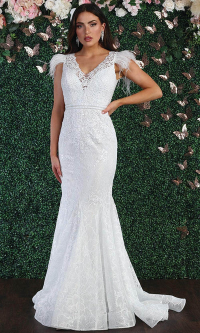 May Queen RQ7893 - Feathered Straps Laced V Neck Trumpet Dress Special Occasion Dress 4 / White