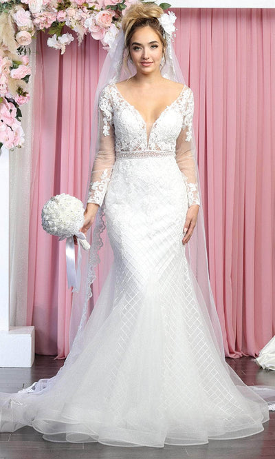 May Queen RQ7896 - Long Sleeves Sheer V-neck Wedding Gown Wedding Dresses