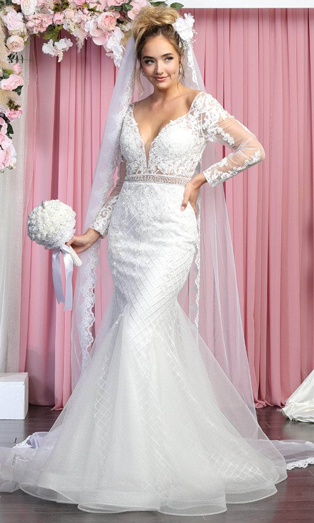 May Queen RQ7896 - Long Sleeves Sheer V-neck Wedding Gown Wedding Dresses