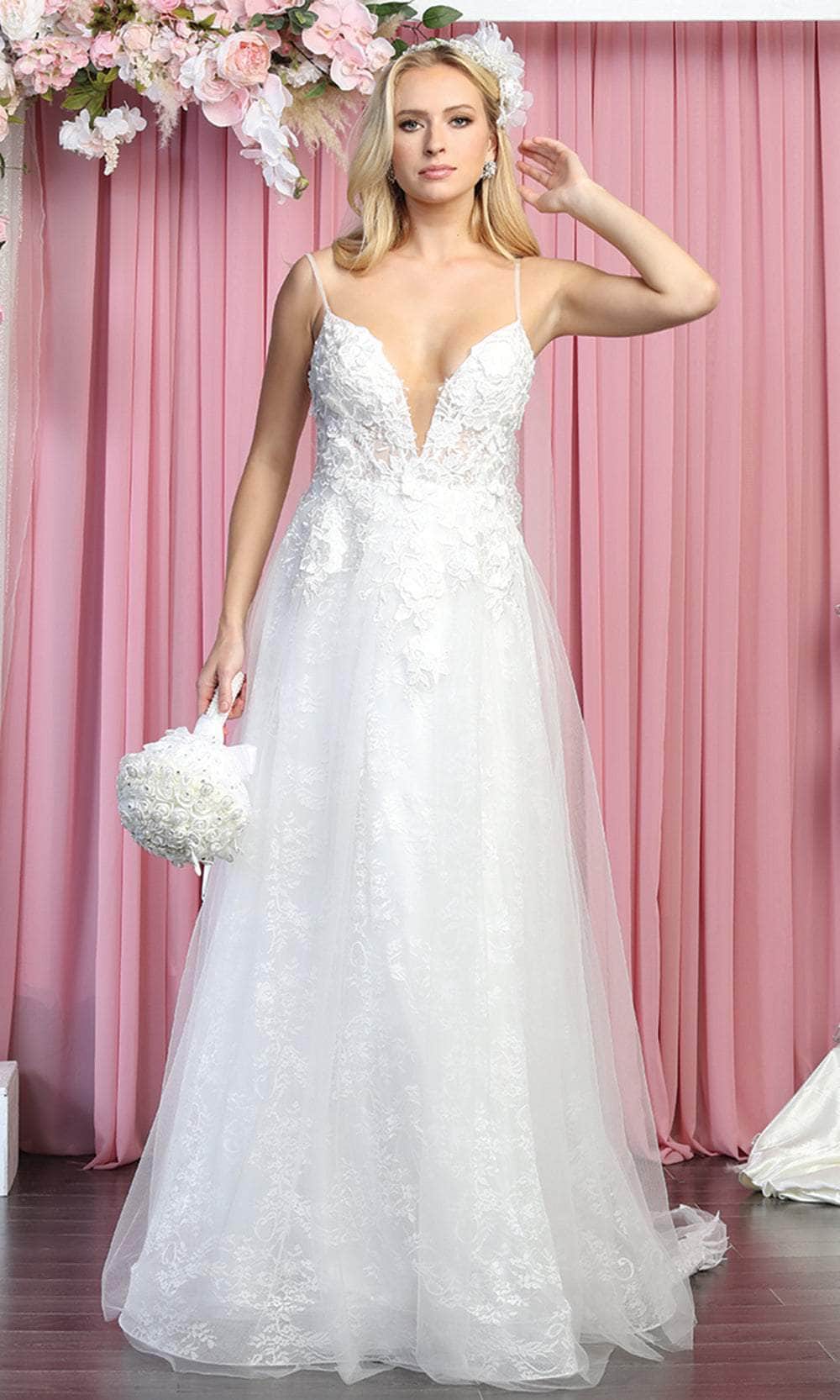 May Queen RQ7915 - Sleeveless Deep V-neck Bridal Gown Special Occasion Dress 4 / Ivory