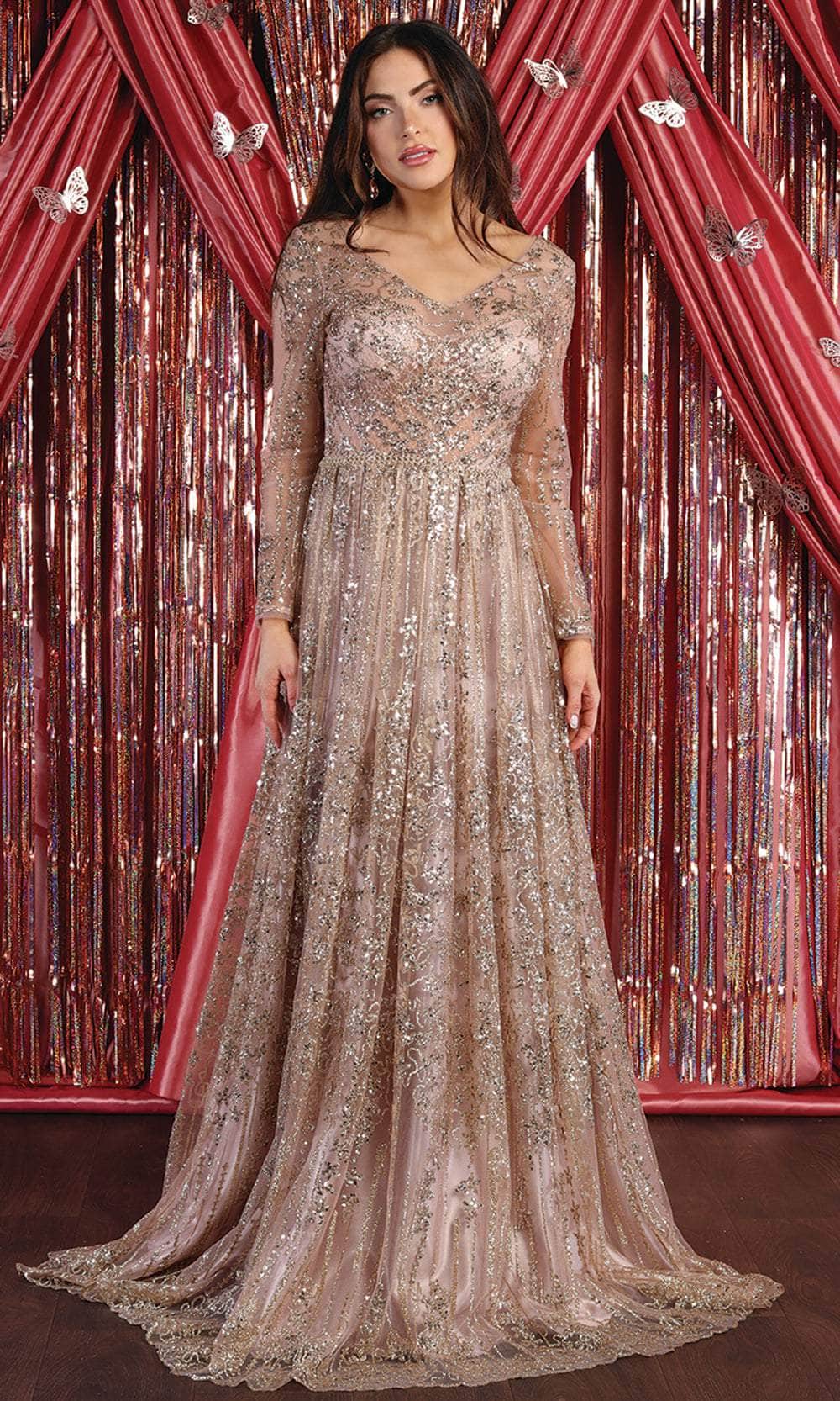 May Queen RQ7920 - Ornated Sheer Bodice Long Sleeve A Line Dress Gold