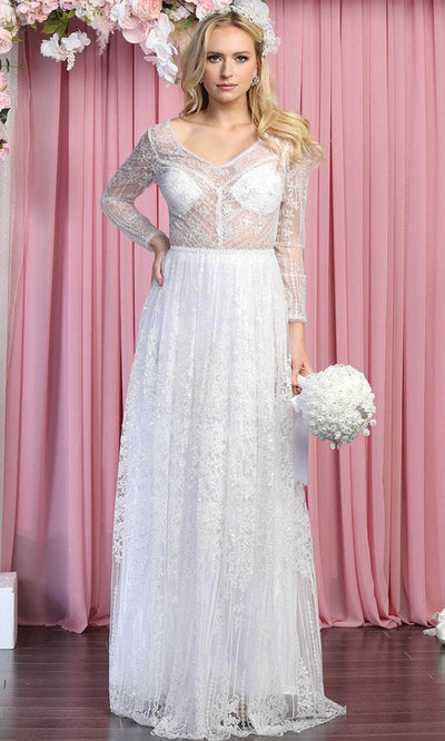 May Queen RQ7920 - Ornated Sheer Bodice Long Sleeve A Line Dress In White