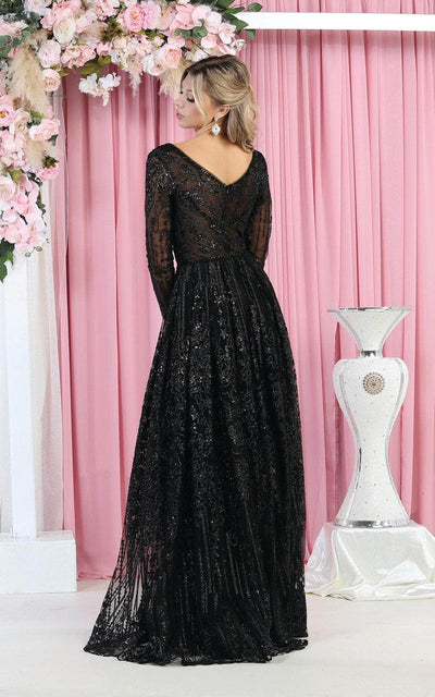 May Queen RQ7920B - Ornated Sheer Bodice Long Sleeve A Line Dress Mother of the Bride Dresses