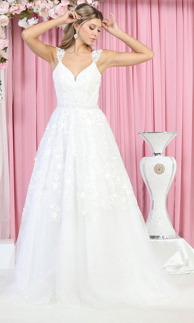 May Queen RQ7926 - Floral V Neck Bridal Gown Special Occasion Dress 4 / Ivory