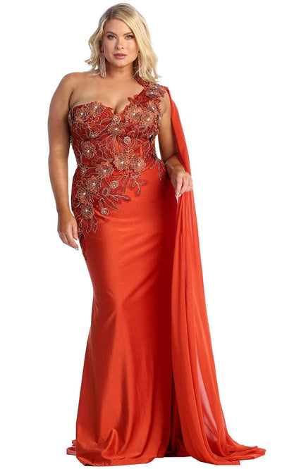 May Queen RQ7943 - Asymmetric Cape Sleeve Evening Dress Prom Dresses 2 / Rust