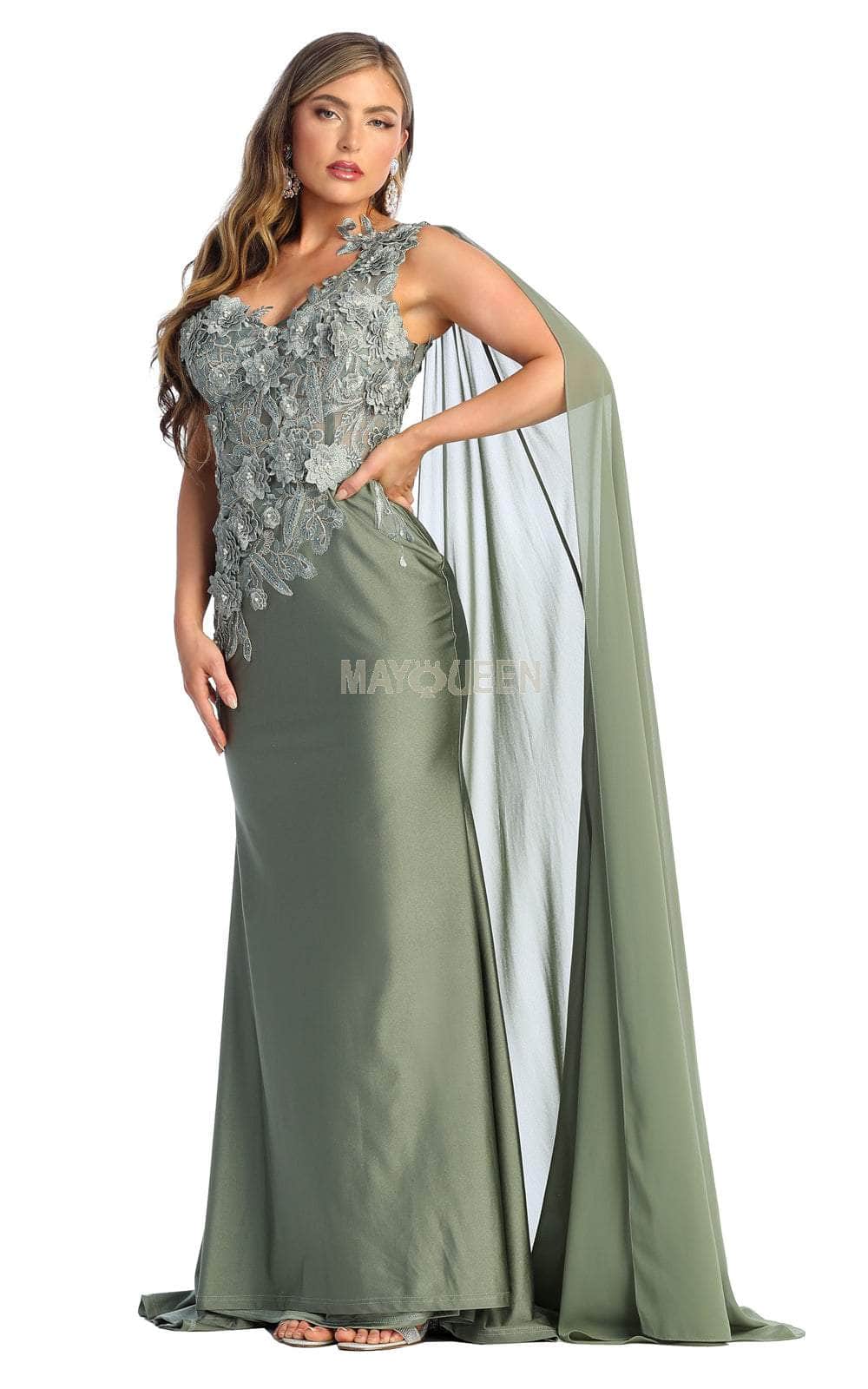 May Queen RQ7943 - Asymmetric Cape Sleeve Evening Dress Special Occasion Dress