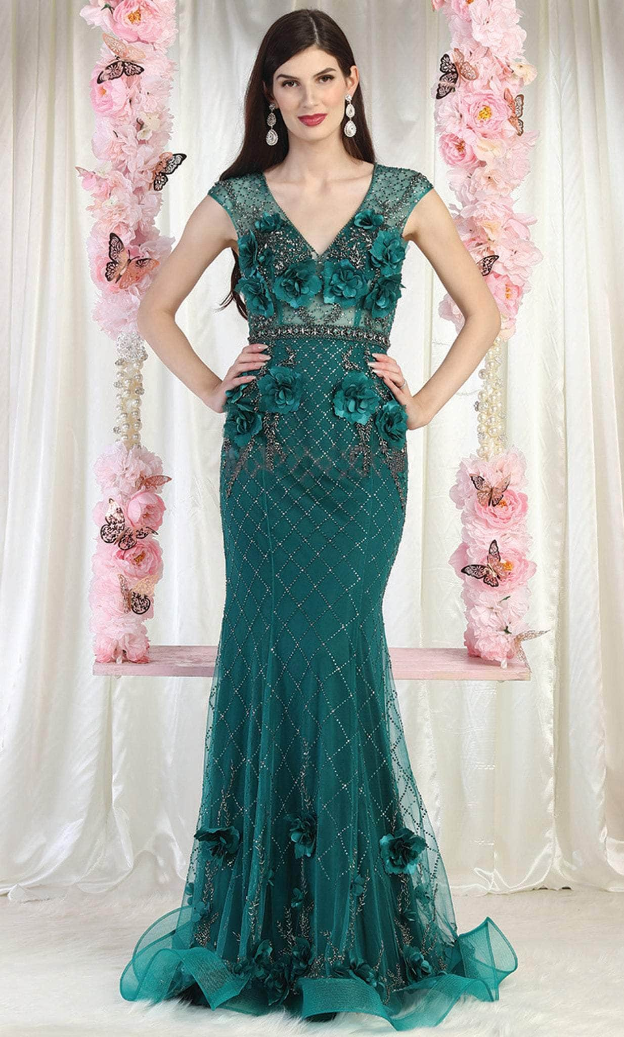 May Queen RQ7951 - Floral Embellished Evening Dress Evening Dresses 4 / Huntergreen