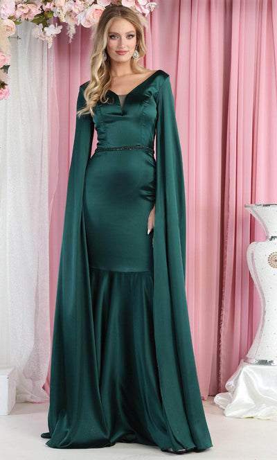 May Queen RQ7961 - Cape Sleeves V Neck Sheath Dress Evening Dresses 6 / Huntergreen