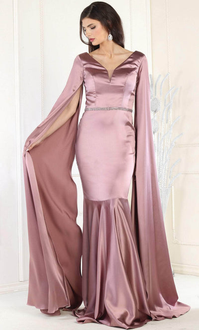 May Queen RQ7961 - Cape Sleeves V Neck Sheath Dress Evening Dresses 6 / Mauve