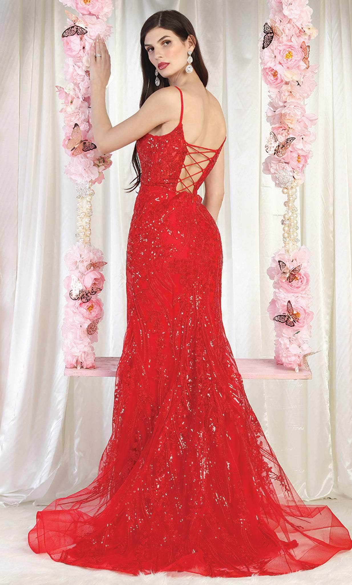 May Queen RQ7974 - Embroidered Strappy Train Gown Prom Dresses