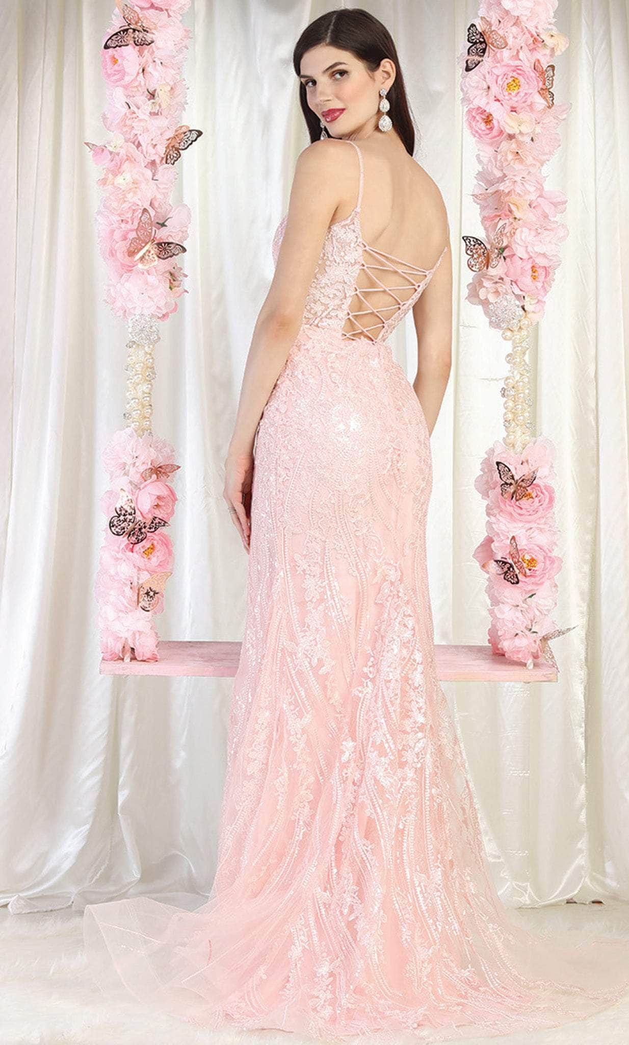 May Queen RQ7974 - Embroidered Strappy Train Gown Prom Dresses