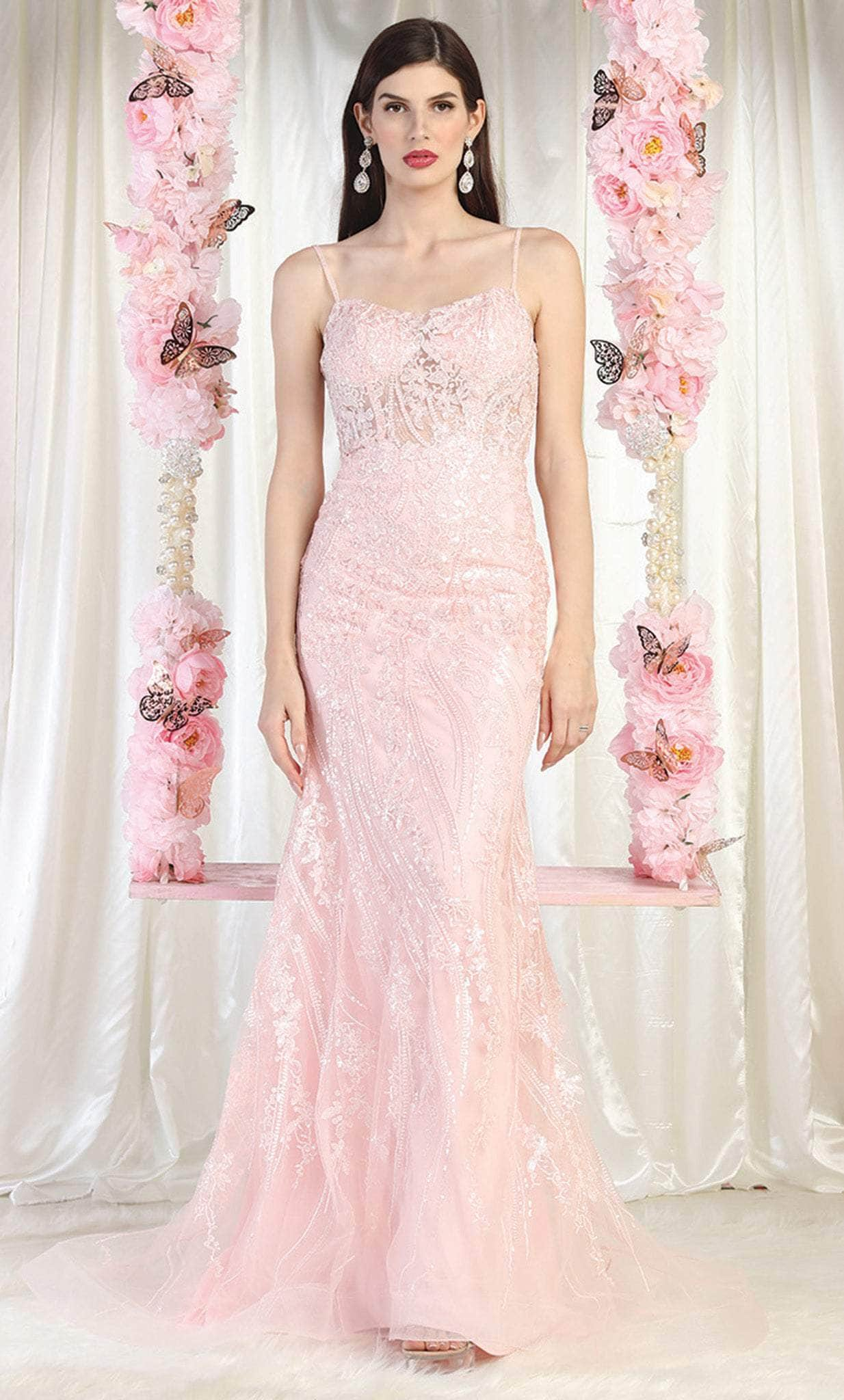 May Queen RQ7974 - Embroidered Strappy Train Gown Prom Dresses 4 / Blush