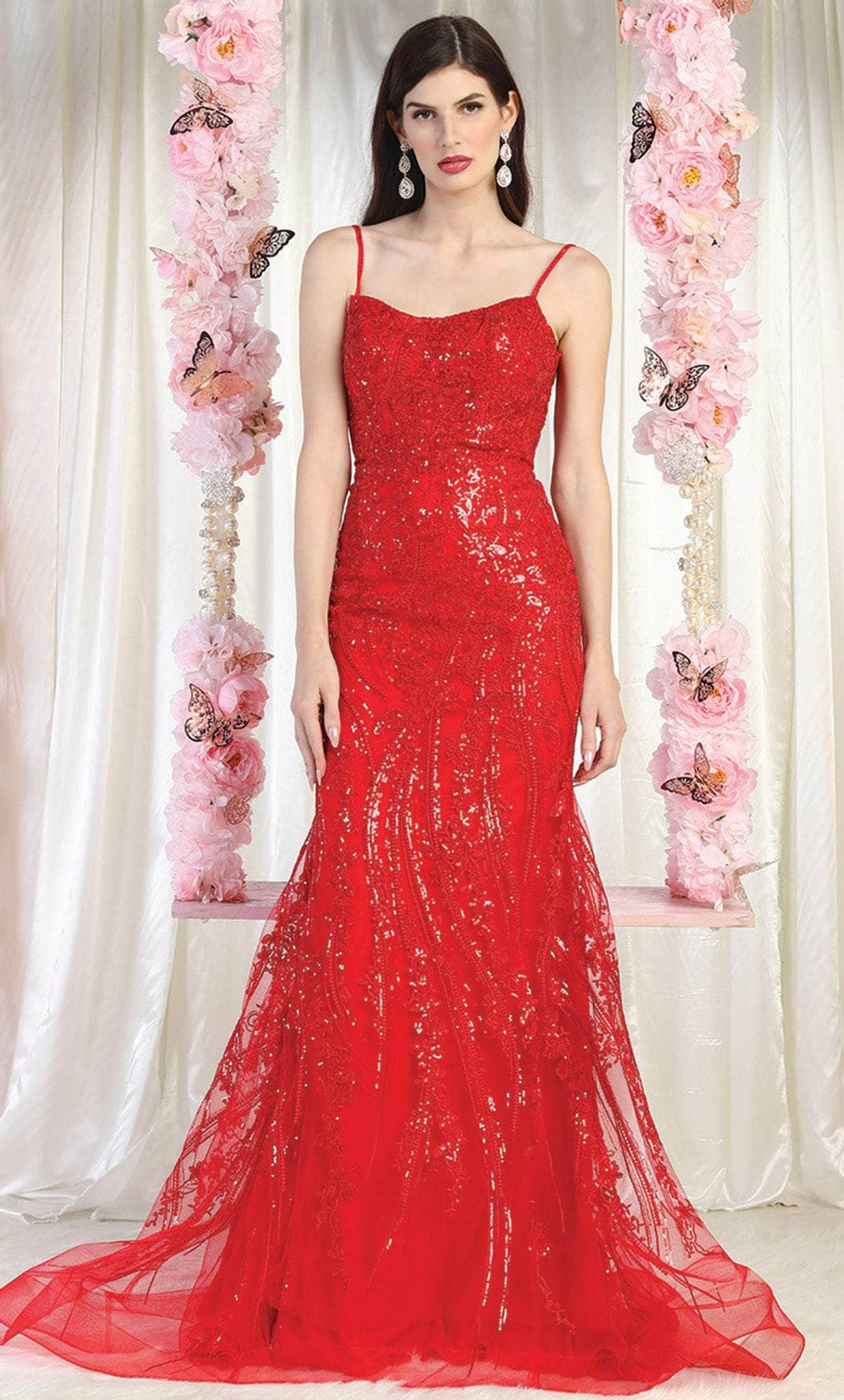 May Queen RQ7974 - Embroidered Strappy Train Gown Prom Dresses 4 / Red