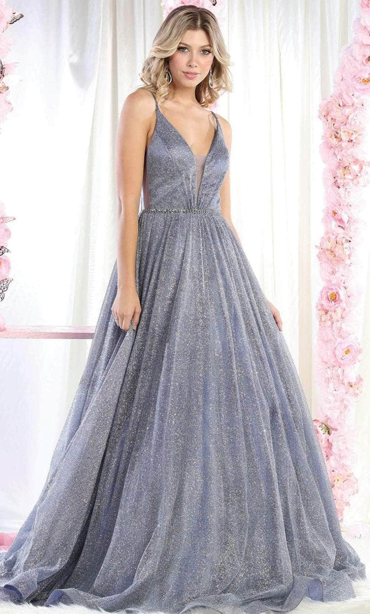 May Queen RQ7983 - Sleeveless V Neck A Line Dress Prom Dresses 4 / Dustyblue