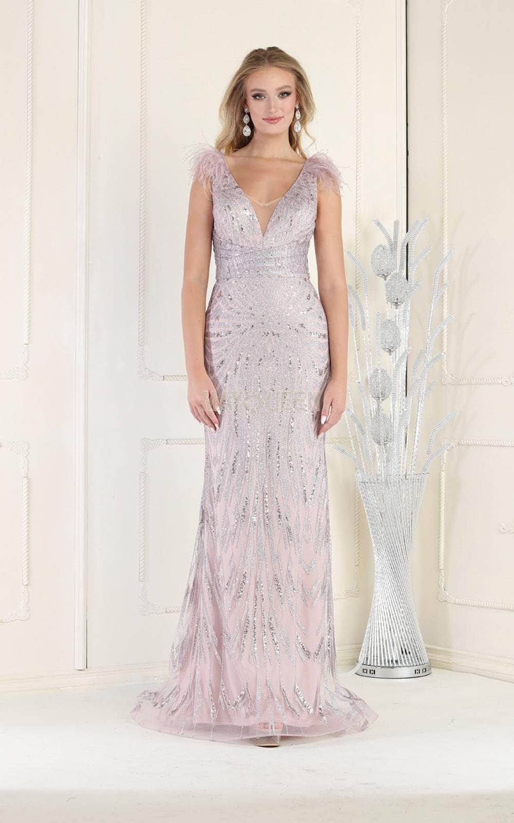 May Queen RQ7989 - Feather Shoulder Embellished Gown Special Occasion Dress