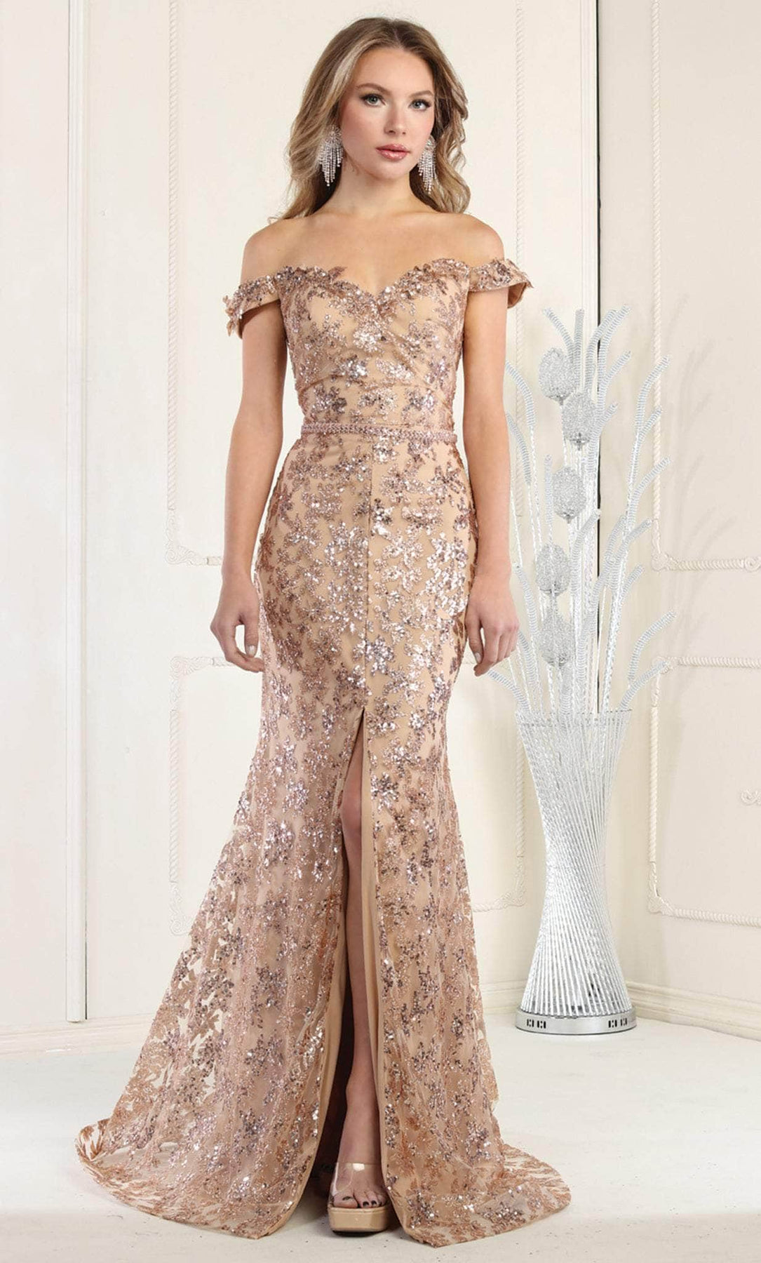 May Queen RQ7995 - Long Sheath Dress - Sequins, Off Shoulder, High Slit ADASA May Queen RQ7995 - Long Sheath Dress - Sequins, Off Shoulder, High Slit ADASA