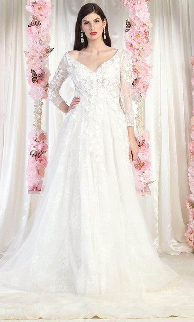 May Queen RQ7996 - Long Sleeve V Neck Dress Bridal Dresses 4 / Ivory