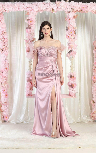May Queen RQ8002 - Off-Shoulder Feather Detail Evening Dress Special Occasion Dress