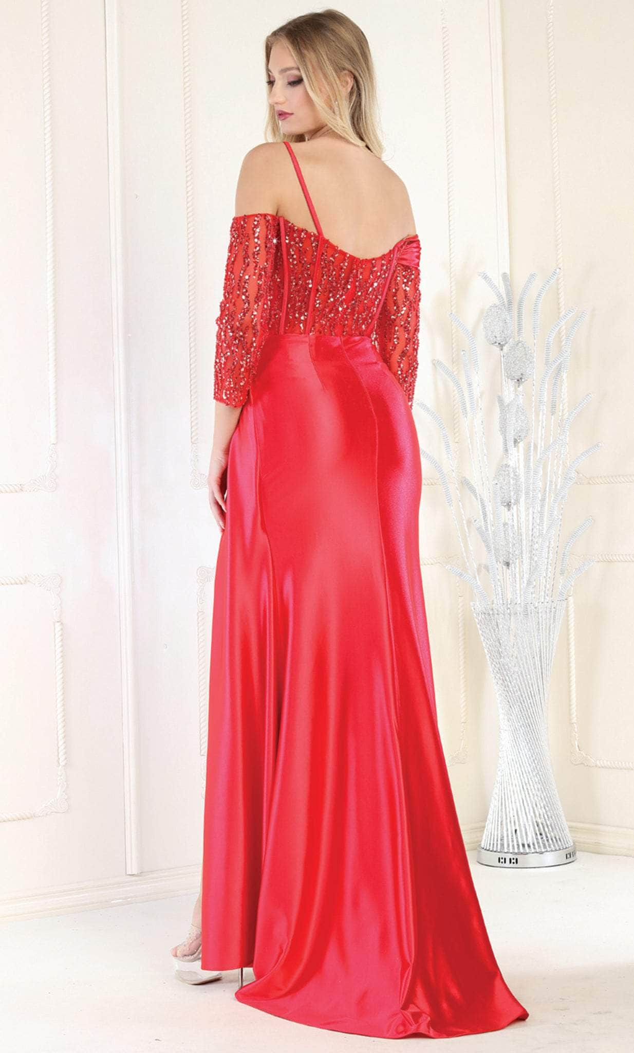 May Queen RQ8016 - Off Shoulder High Slit A Line Dress Evening Dresses