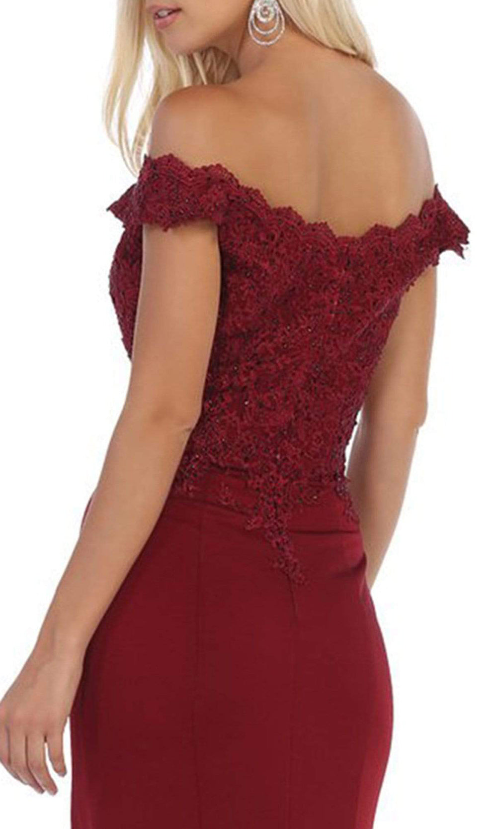 May Queen - Scalloped Off-Shoulder Trumpet Dress MQ1675 - 1 pc Burgundy In Size 6 Available CCSALE 6 / Burgundy
