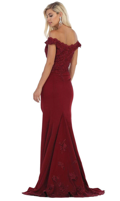 May Queen - Scalloped Off-Shoulder Trumpet Dress MQ1675 - 1 pc Burgundy In Size 6 Available CCSALE 6 / Burgundy