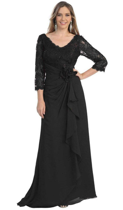 May Queen - Sheer Long Sleeve Floral Accented A-Line Evening Dress Special Occasion Dress M / Black
