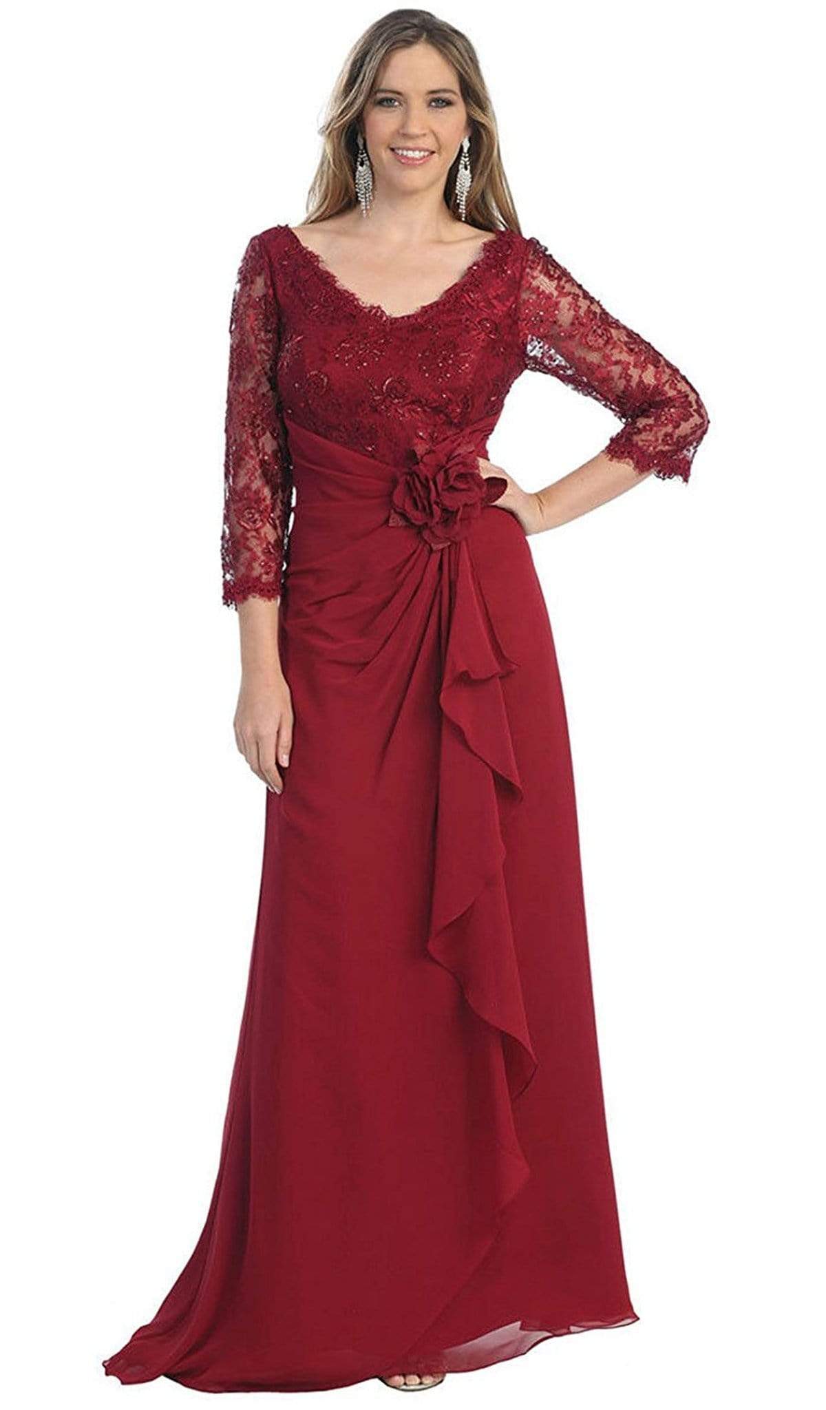 May Queen - Sheer Long Sleeve Floral Accented A-Line Evening Dress Special Occasion Dress M / Burgundy