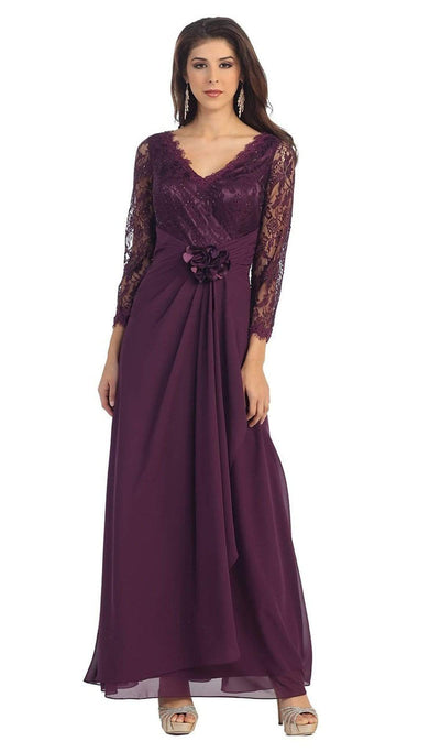 May Queen - Sheer Long Sleeve Floral Accented A-Line Evening Dress Special Occasion Dress M / Eggplant