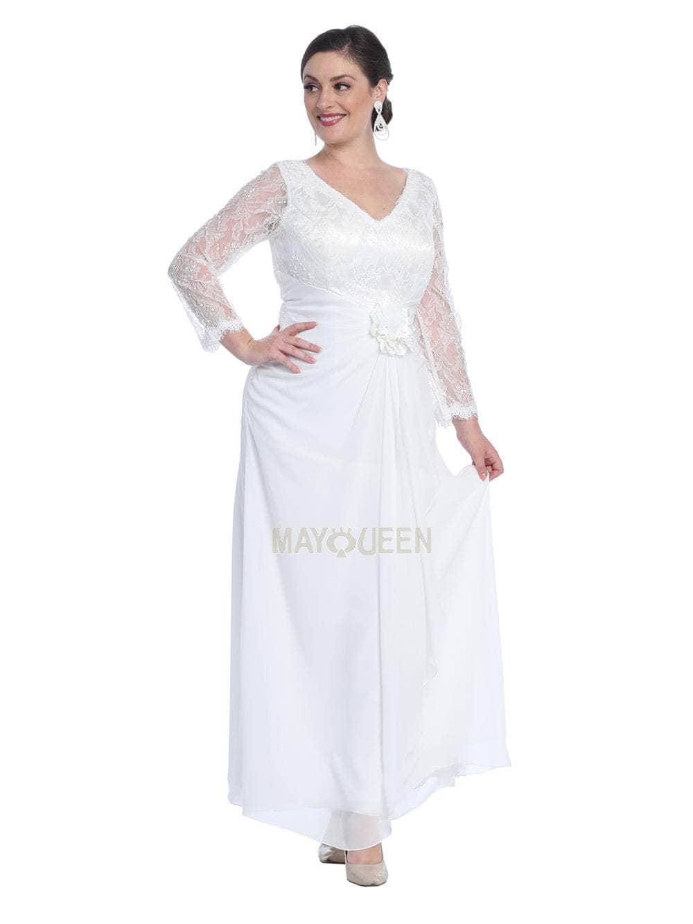 May Queen - Sheer Long Sleeve Floral Accented A-Line Evening Dress Special Occasion Dress M / Ivory