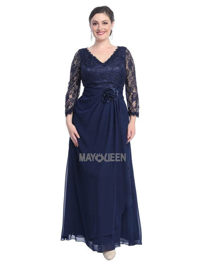 May Queen - Sheer Long Sleeve Floral Accented A-Line Evening Dress Special Occasion Dress M / Navy