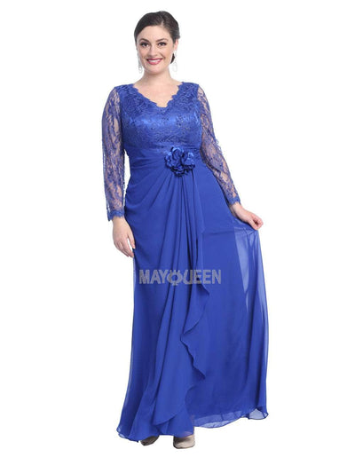 May Queen - Sheer Long Sleeve Floral Accented A-Line Evening Dress Special Occasion Dress M / Royal-Blue