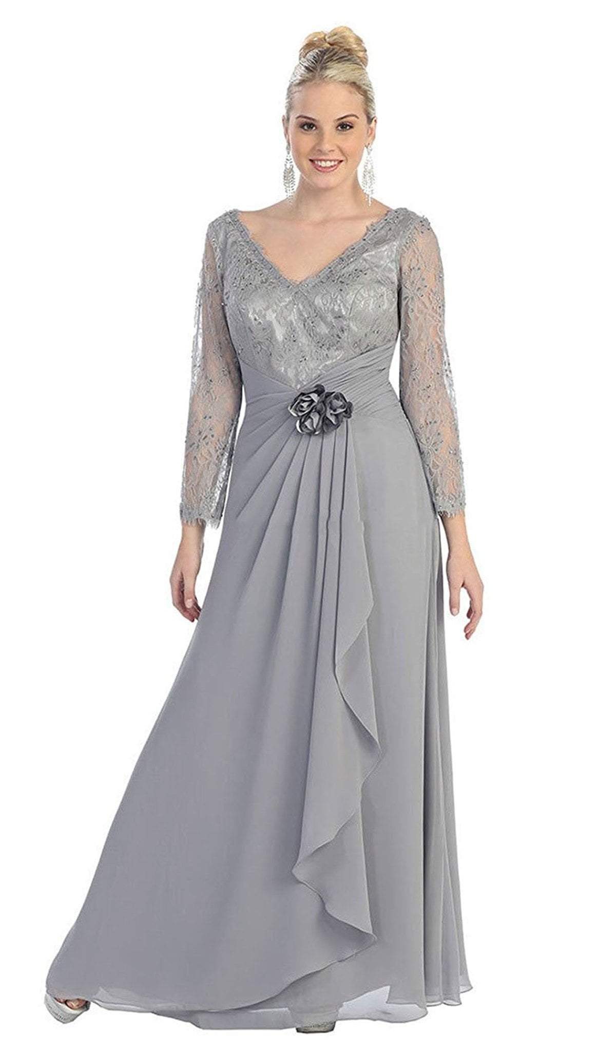 May Queen - Sheer Long Sleeve Floral Accented A-Line Evening Dress Special Occasion Dress M / Silver