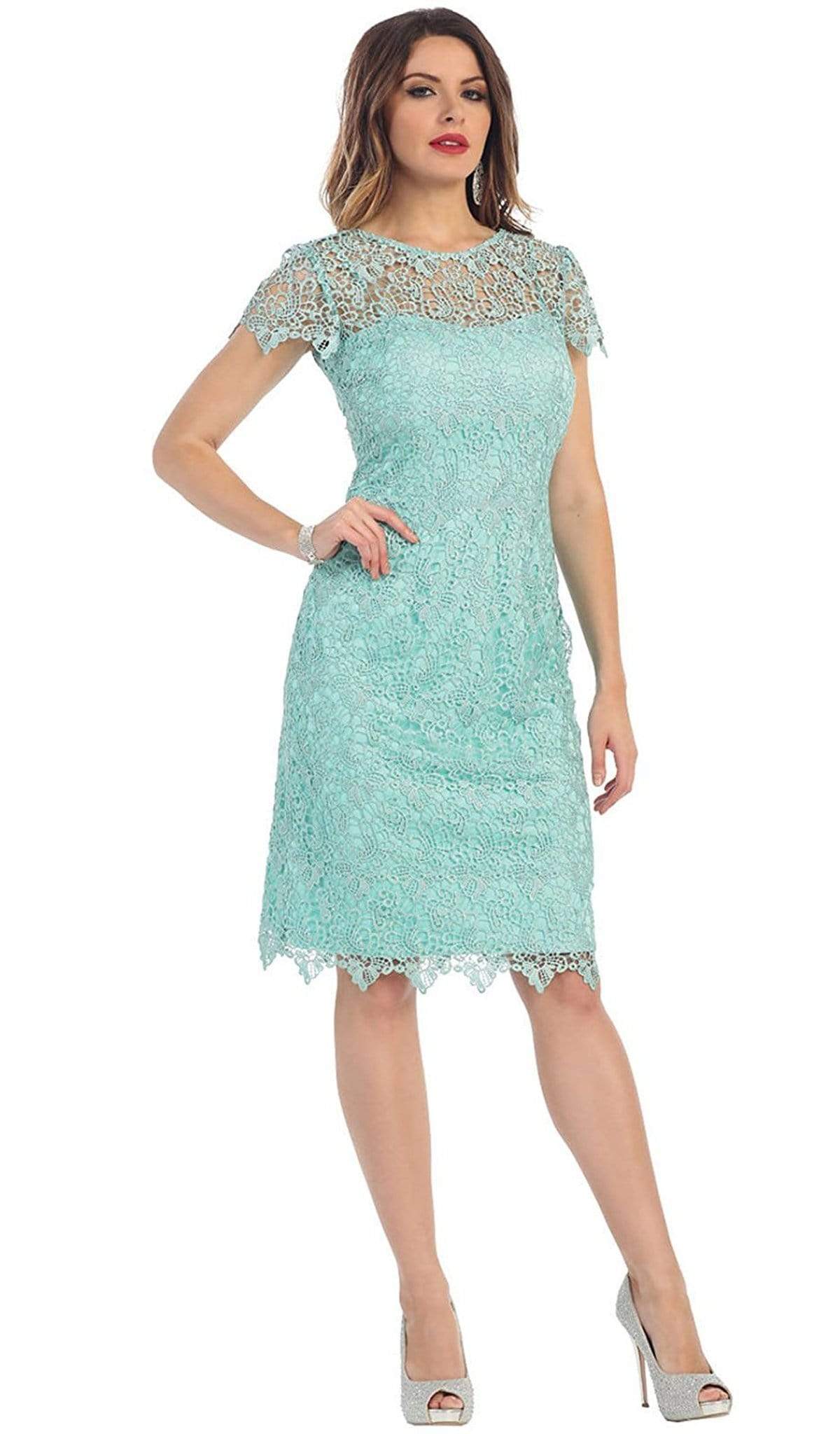 May Queen - Short Sleeve Illusion Lace Sheath Formal Dress Special Occasion Dress M / Aqua