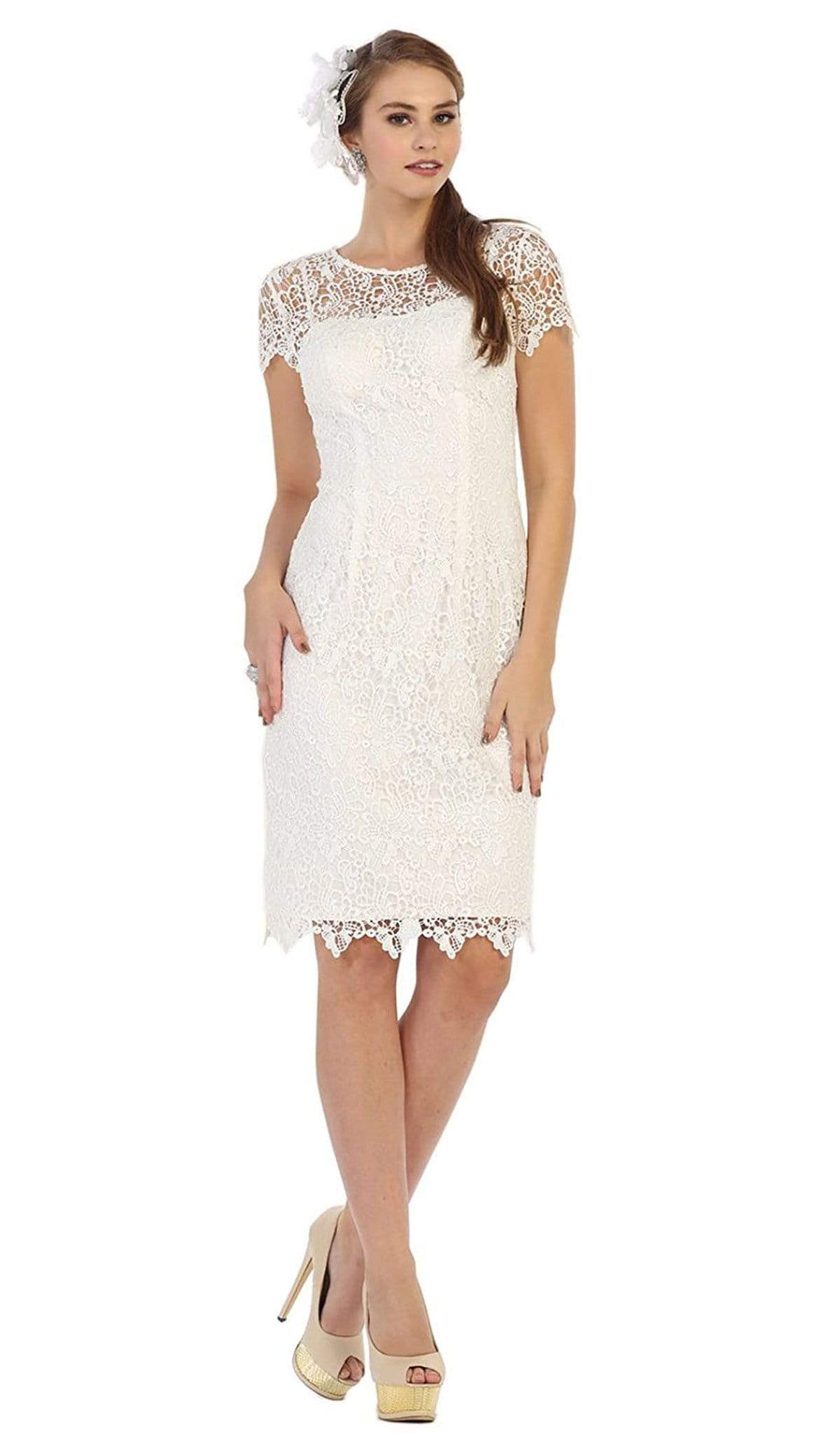 May Queen - Short Sleeve Illusion Lace Sheath Formal Dress Special Occasion Dress M / Ivory