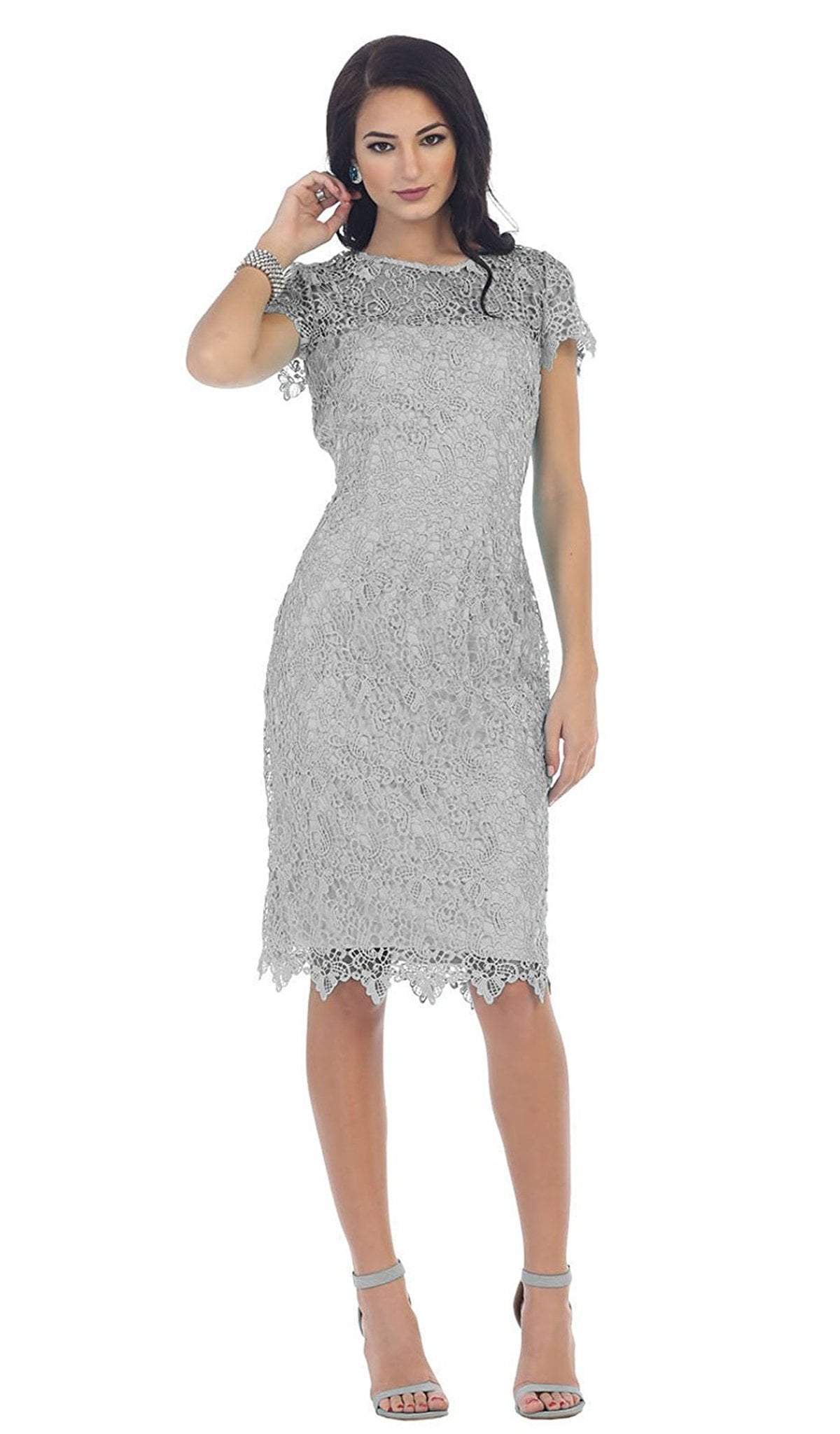 May Queen - Short Sleeve Illusion Lace Sheath Formal Dress Special Occasion Dress M / Silver