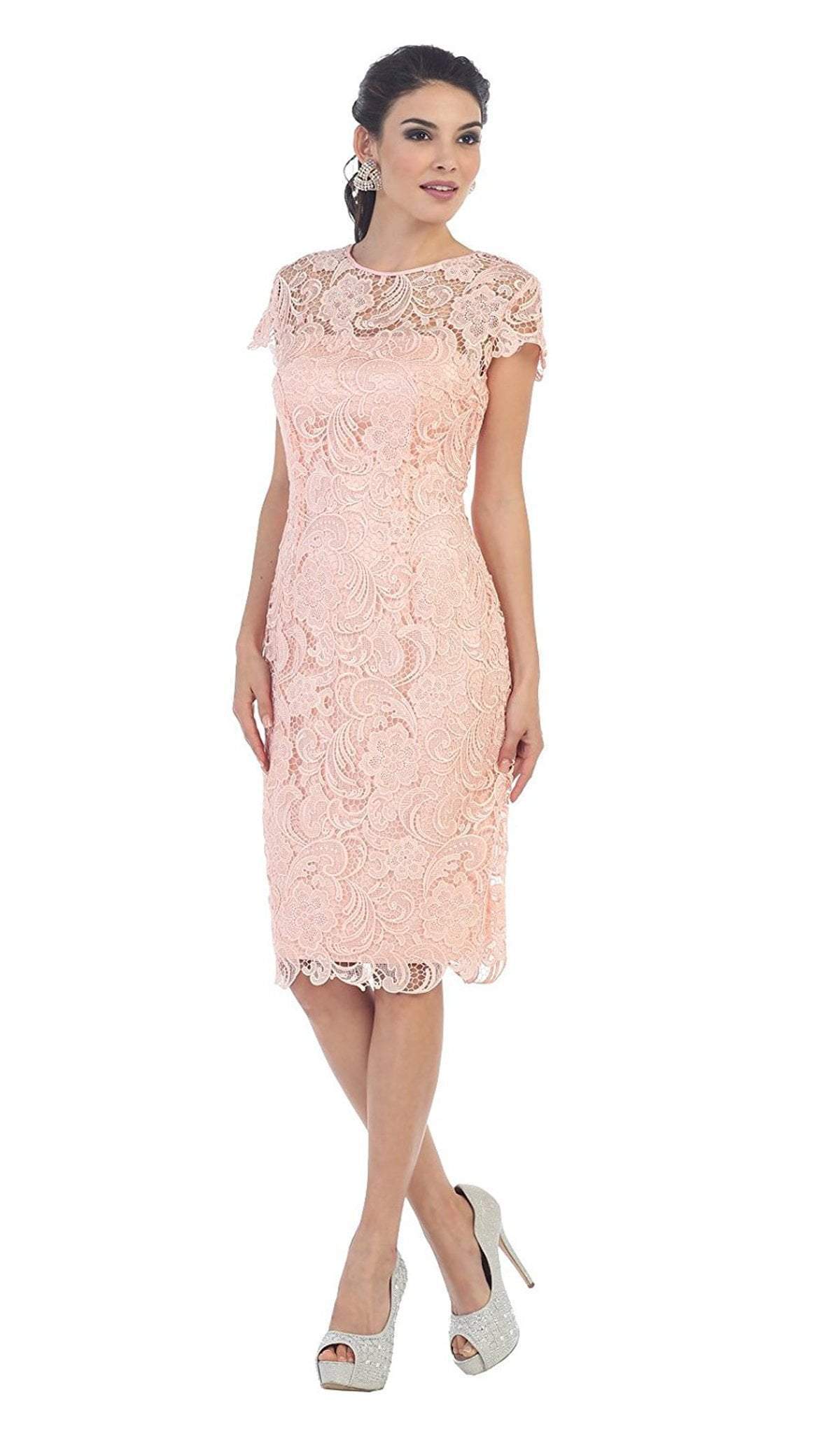 May Queen - Short Sleeve Sheer Scalloped Lace Formal Dress Special Occasion Dress M / Blush