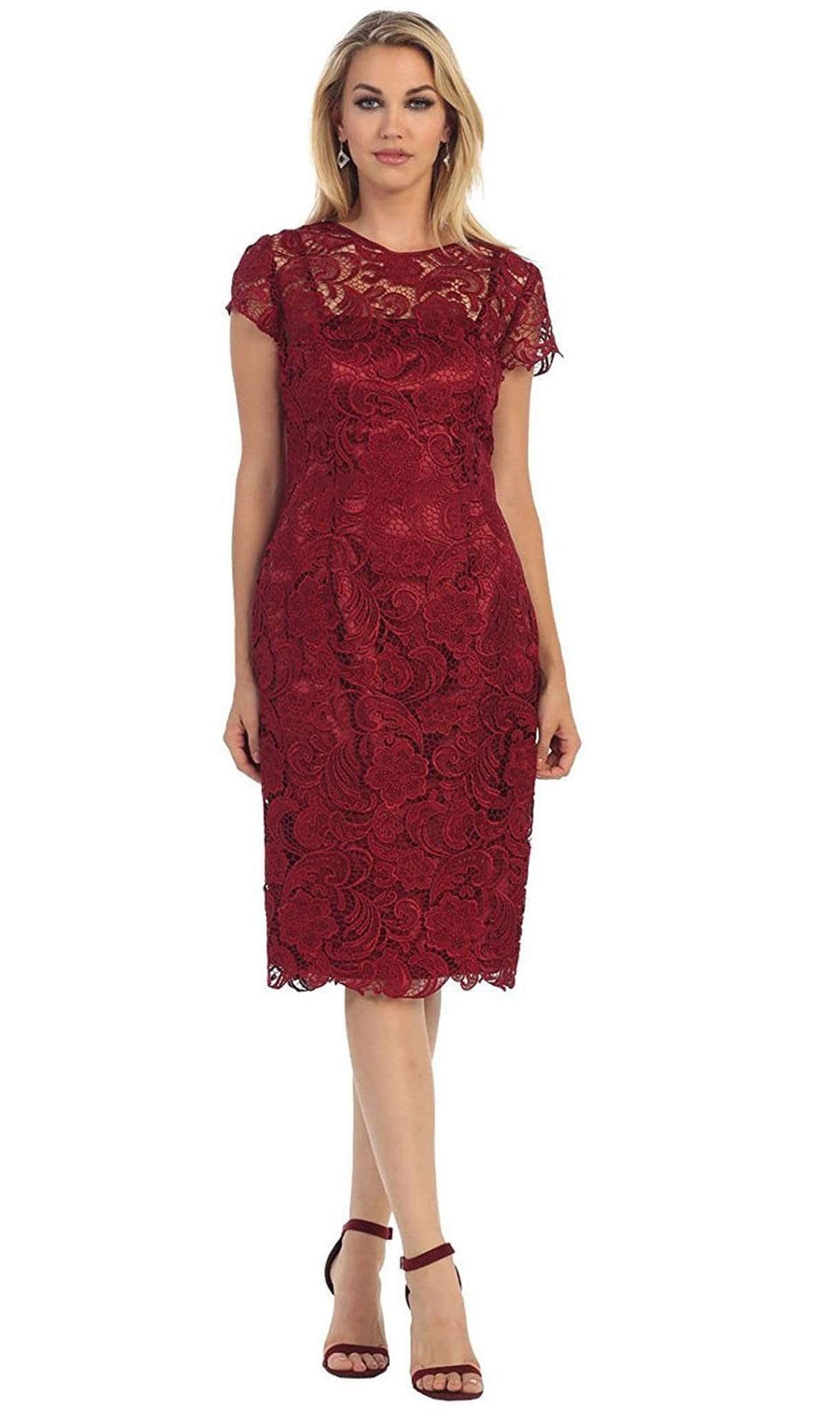 May Queen - Short Sleeve Sheer Scalloped Lace Formal Dress Special Occasion Dress M / Burgundy