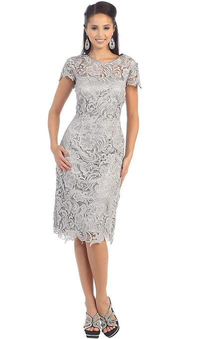 May Queen - Short Sleeve Sheer Scalloped Lace Formal Dress Special Occasion Dress M / Silver
