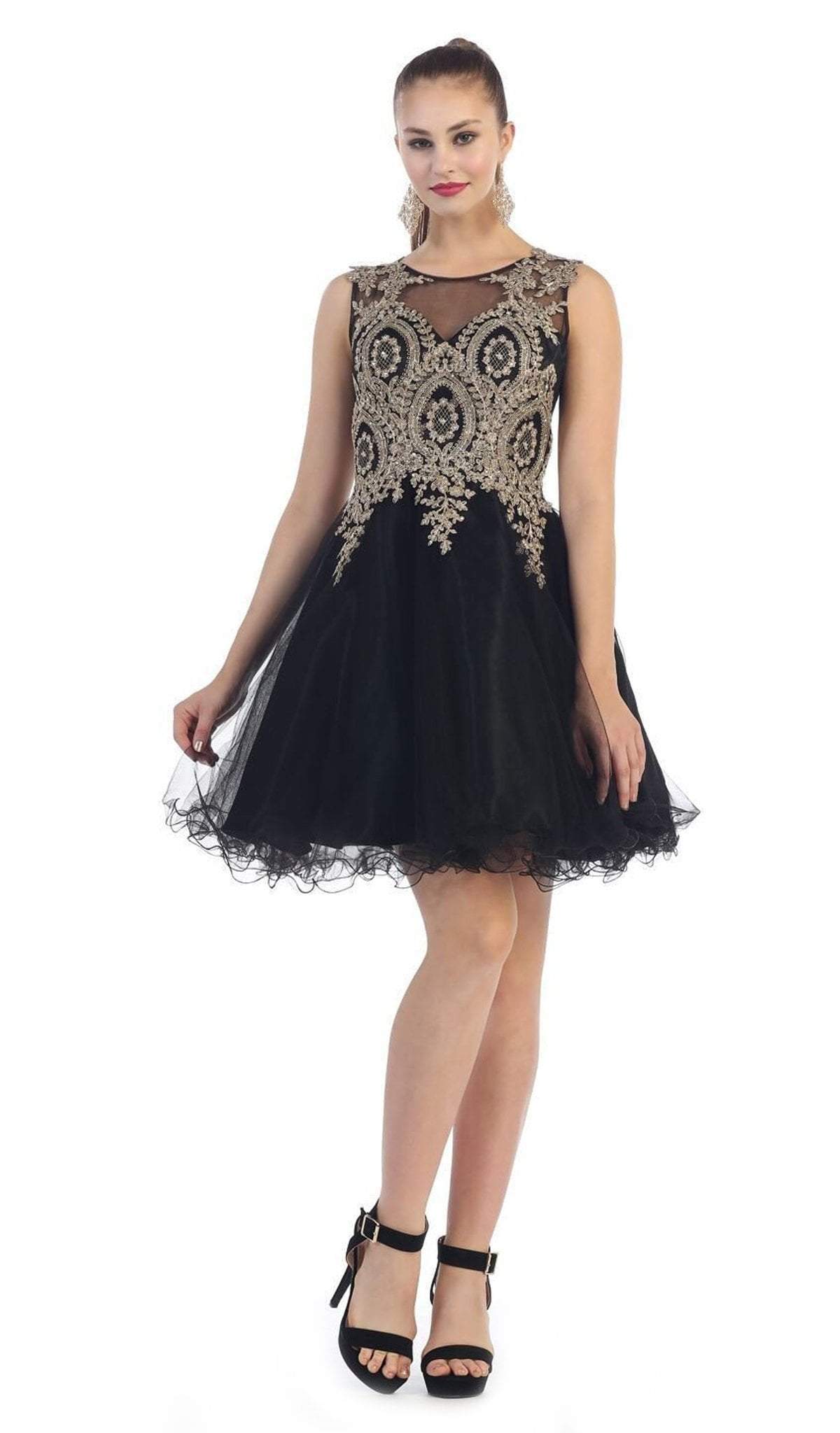 May Queen - Sleeveless Ornate Lace Illusion Cocktail Dress Special Occasion Dress 2 / Black