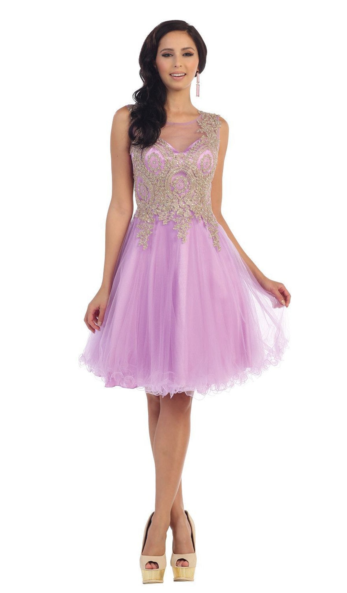 May Queen - Sleeveless Ornate Lace Illusion Cocktail Dress Special Occasion Dress 2 / Lilac